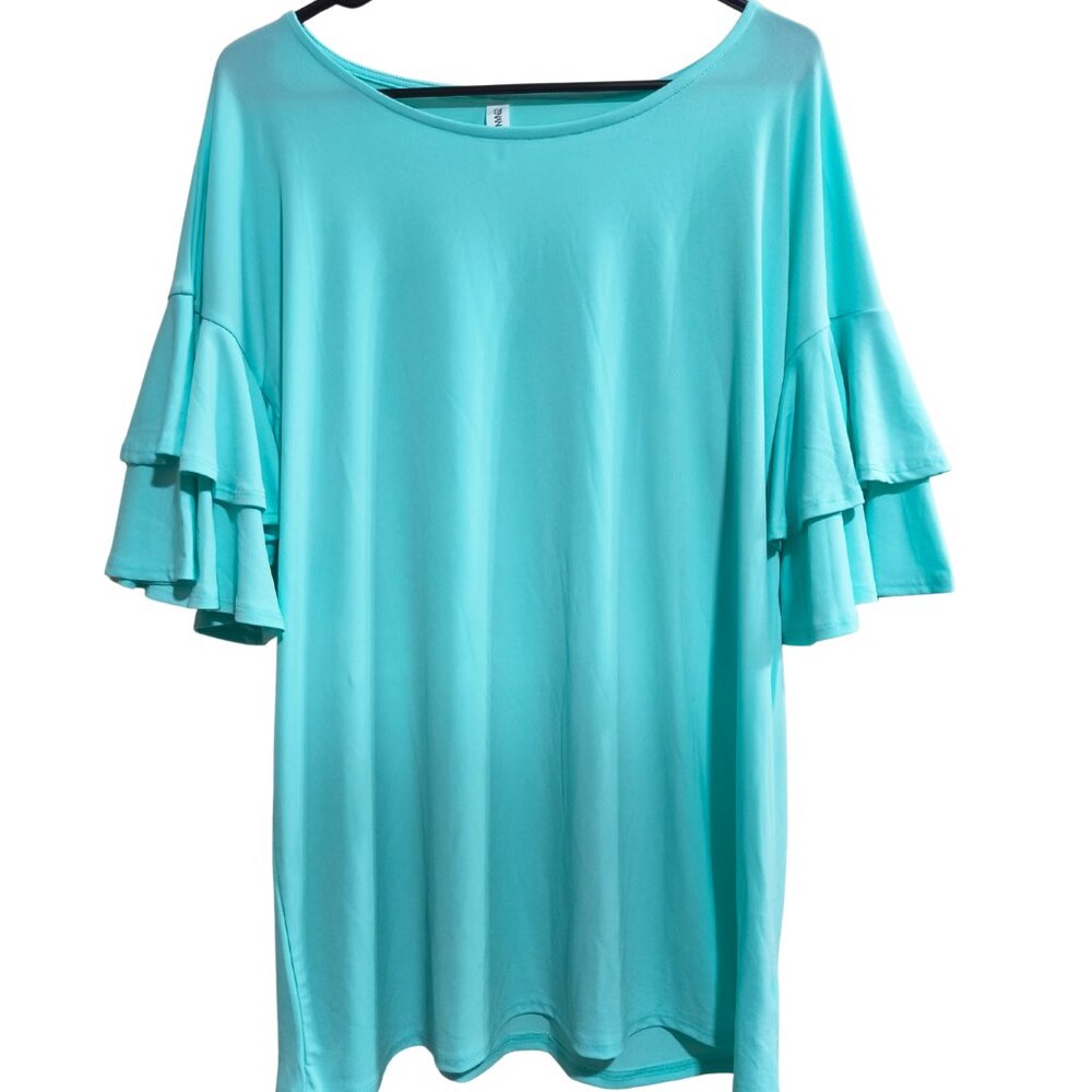 Zenana Outfitters XL Aqua Blue Triple Tiered Ruffle Short Sleeve Top